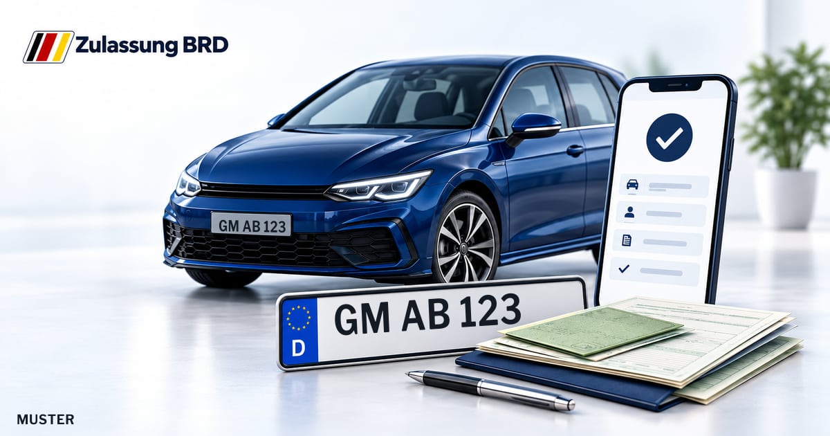 Online Fahrzeugzulassung in Reichshof: Musterkennzeichen GM AB 123, Auto und Fahrzeugpapiere und Smartphone. Illustration mit Logo von Zulassung BRD.